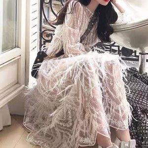 Designed real feather long dress